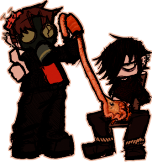 A drawing of my sona a white skinned guy with brown hair and glasses and stitching going vertically across his face. It's wearing a black jacket with a red hood, a black shirt with a red eye graphic, and a black mask pulled down. He's standing in front of a red coffin shape with a skeleton picture in the coffin.